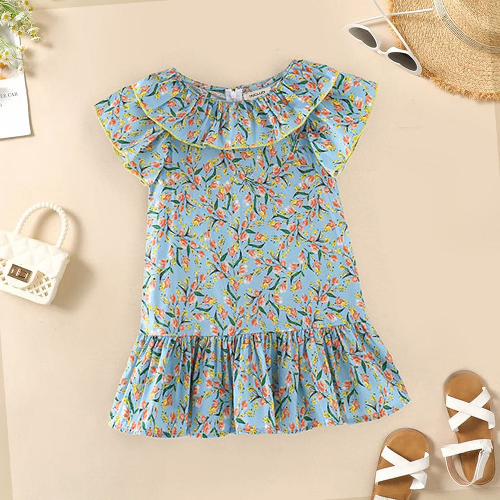 Girls Flared Sleeve Round Neck Floral Printed Dress