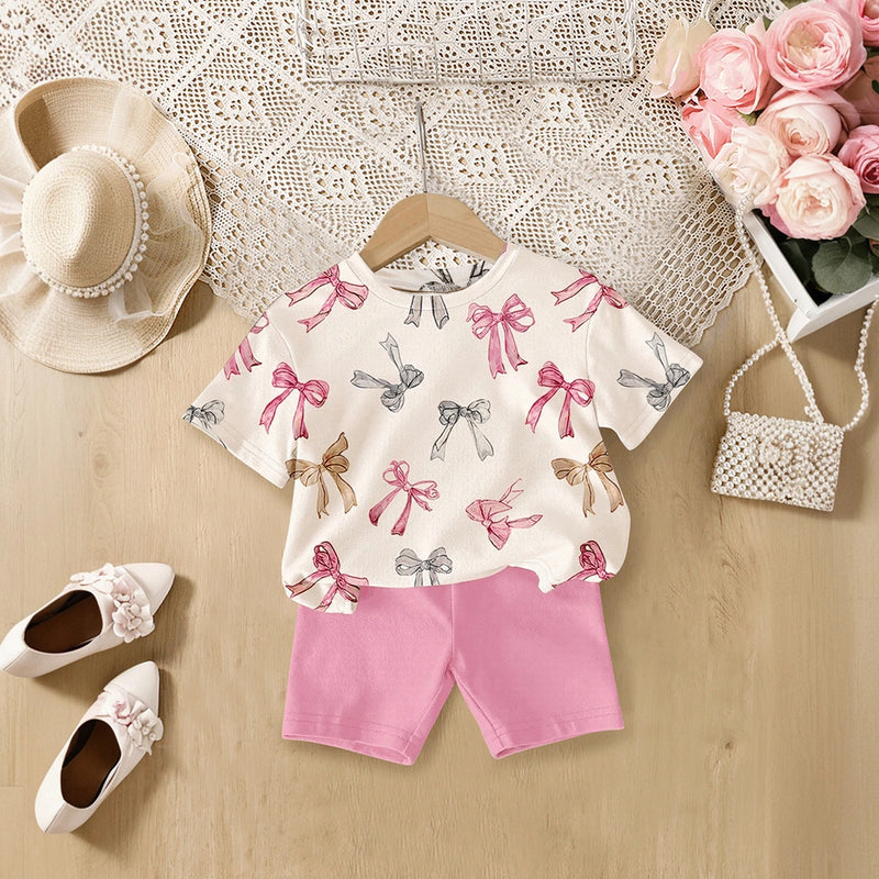Girls Cream Bow Print Short Sleeve T-Shirt With Shorts Sets 2 pc. Sets Cream 3-4 Y