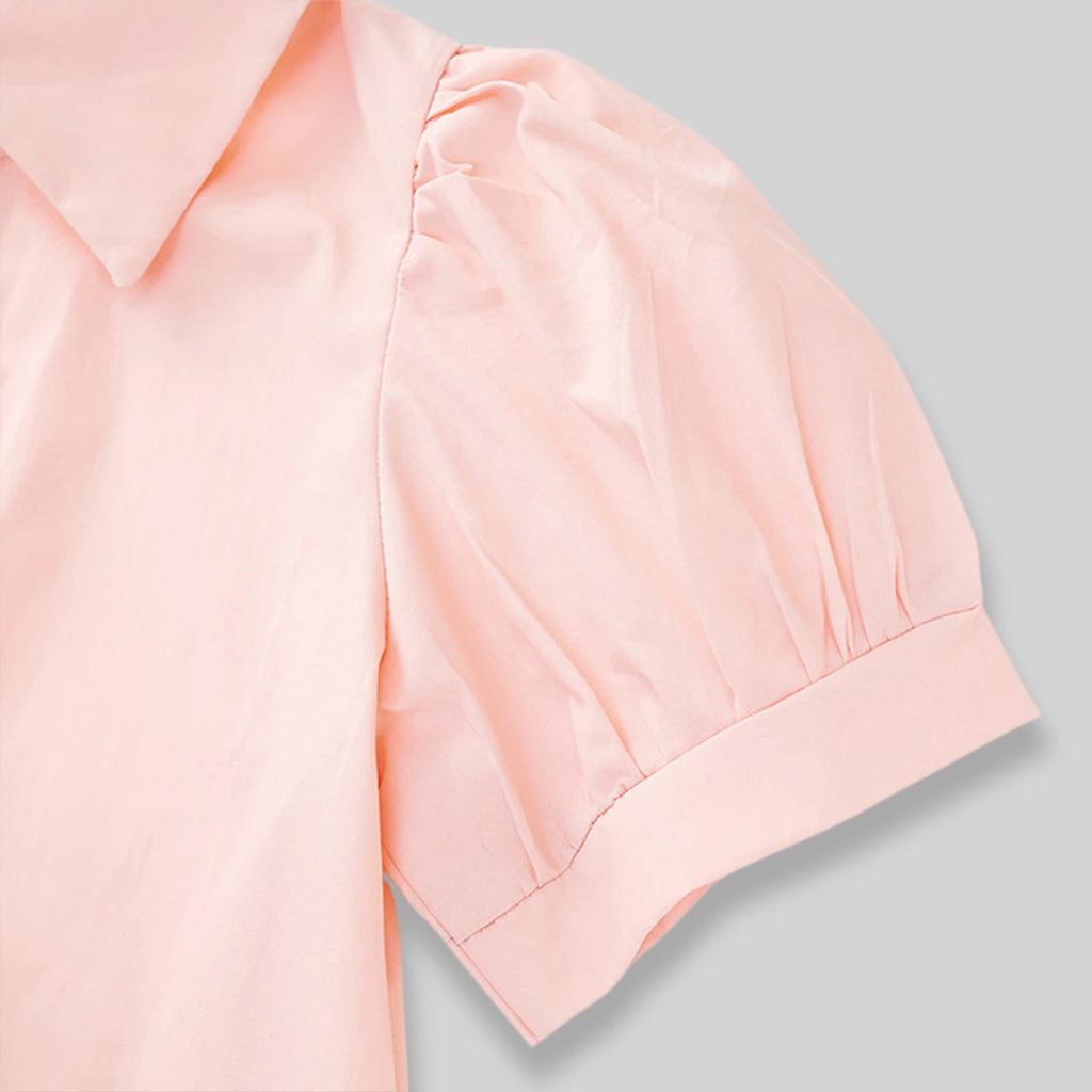 Girls Light Pink Bunny Applique Puff Sleeve Shirt Dress Casual Dresses