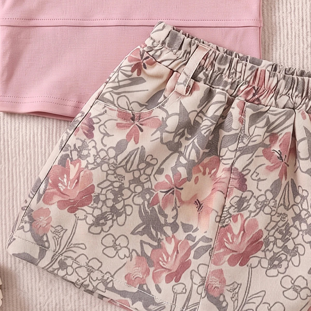 Girls Pink Sleeveless Polo Top With Floral Print Skirt Sets 2 pc. Sets