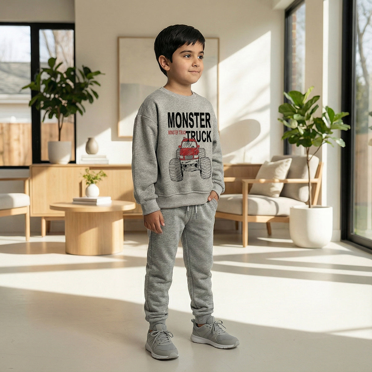 Boys Grey Monster Truck Graphics Round Neck Sweatshirt With Joggers Sets 2 pc. Sets