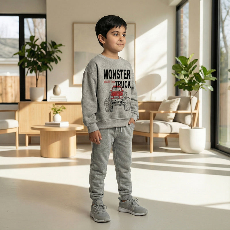 Boys Grey Monster Truck Graphics Round Neck Sweatshirt With Joggers Sets 2 pc. Sets