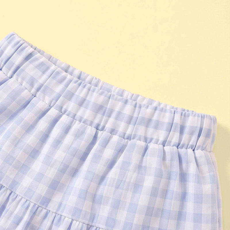 Girls Blue Checked Sleeveless Top With Skirt Sets 2 pc. Sets
