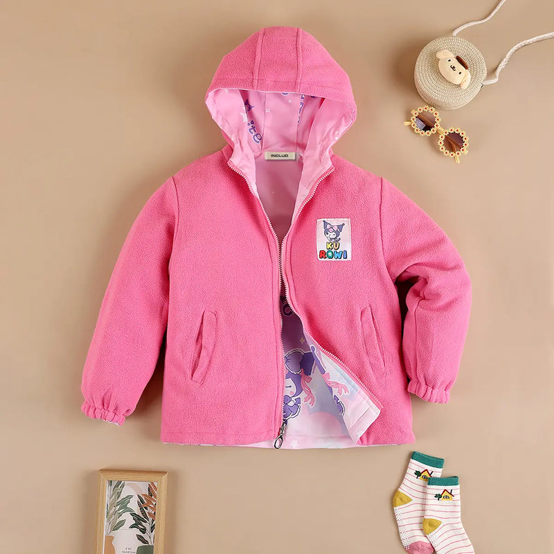 Girls Light Pink Kuromi Cartoon Printed Reversible Hooded Zipper Jacket Coats & Jackets