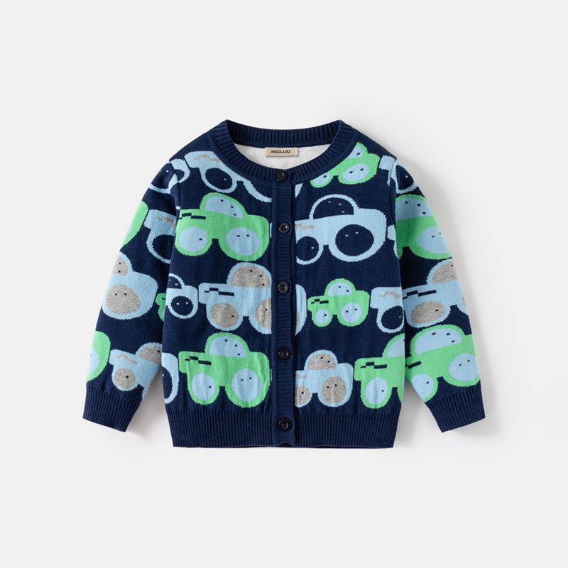Boys Navy Blue Cardigan With Self-Design Car Patterns Sweaters & Cardigans