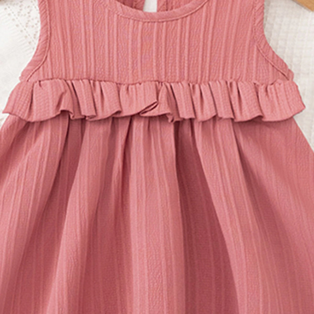 Girls Pink Self Stripes Sleeveless Fit & Flare Dress Casual Dresses