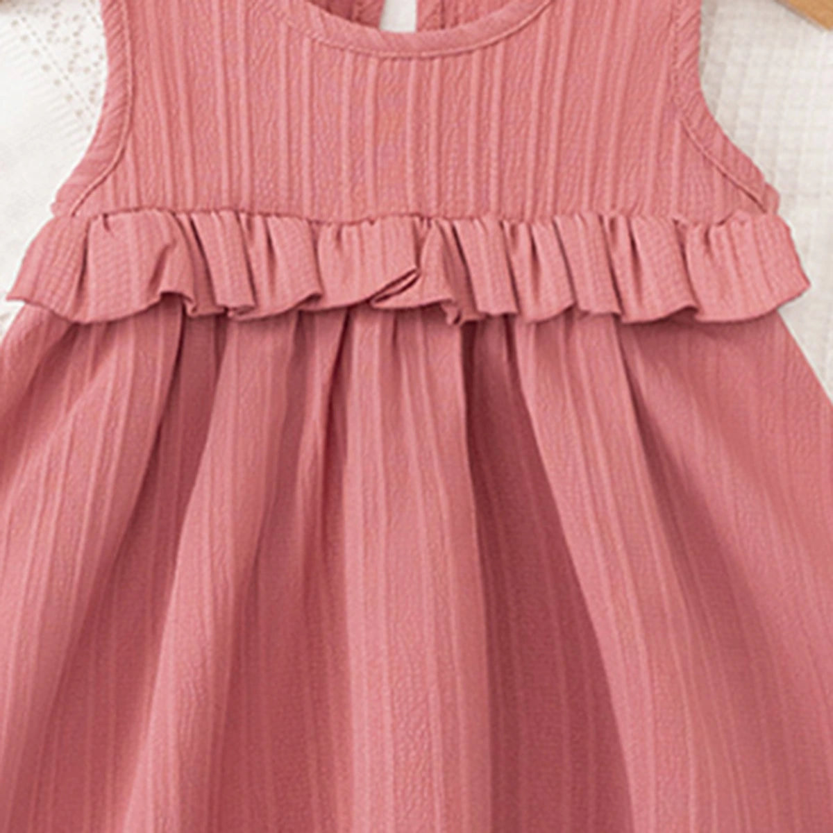 Girls Pink Self Stripes Sleeveless Fit & Flare Dress Casual Dresses