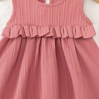 Girls Pink Self Stripes Sleeveless Fit & Flare Dress Casual Dresses