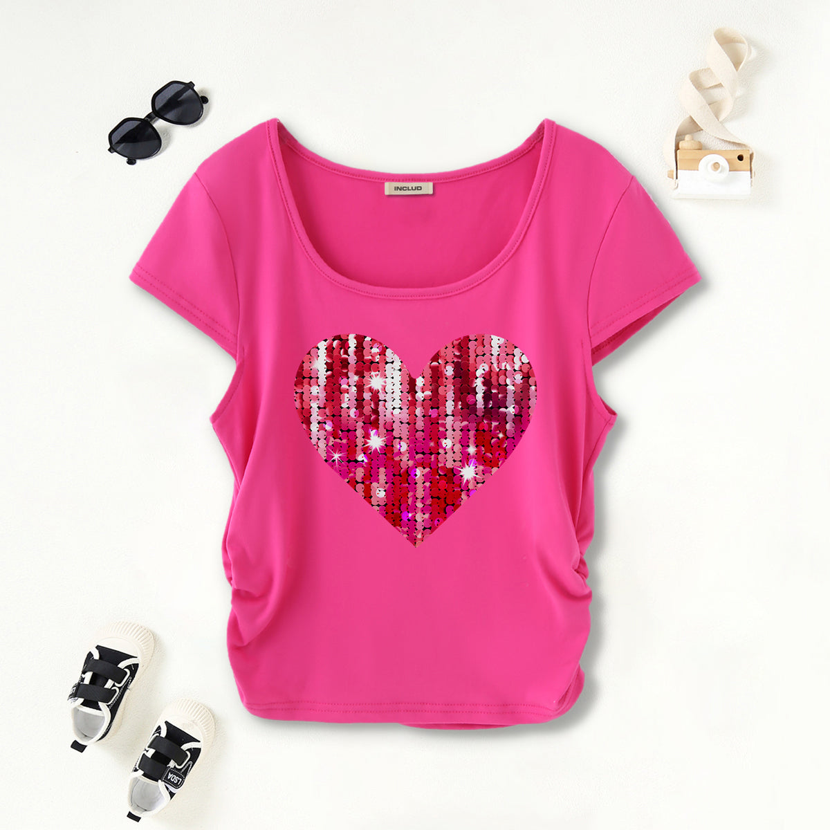Girls Fuchsia Heart Sequence Short Sleeves Scoop Neck T-Shirt Tshirts Fuchsia 7-8 Y