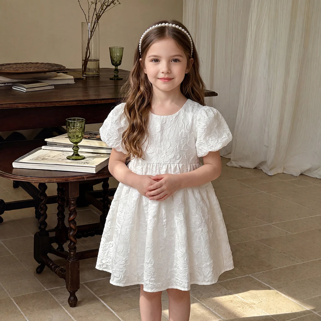 Girls White Self-Design Puff Sleeve Fit & Flare Dress Casual Dresses