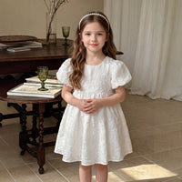 Girls White Self-Design Puff Sleeve Fit & Flare Dress Casual Dresses