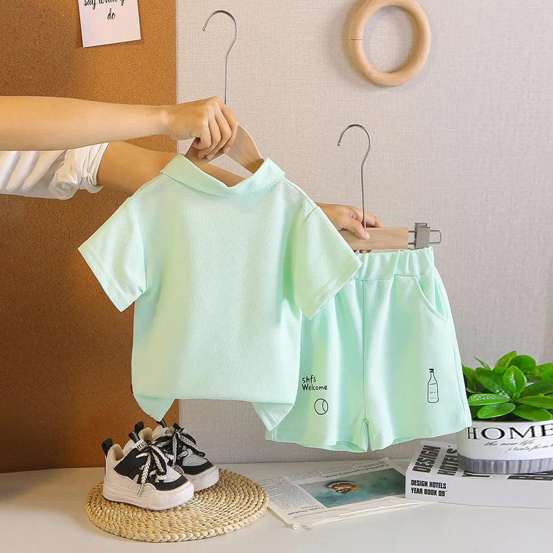 Boys Lime Green Graphics Printed Polo T-Shirt With Shorts Co-ord Sets Sets