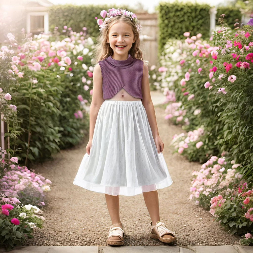 Girls Turtle Neck Crop Top with Tulle Skirt Set Sets Purple 1-2 Y 