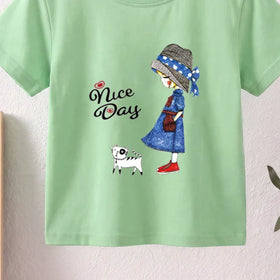 Girls Green Nice Day Typography Print Short Sleeve T-Shirt Tshirts