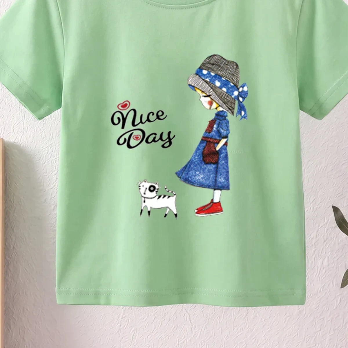 Girls Green Nice Day Typography Print Short Sleeve T-Shirt Tshirts