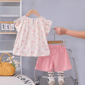 Girls Pink Floral Printed Round Neck Top With Elasticated Shorts Sets 2 pc. Sets