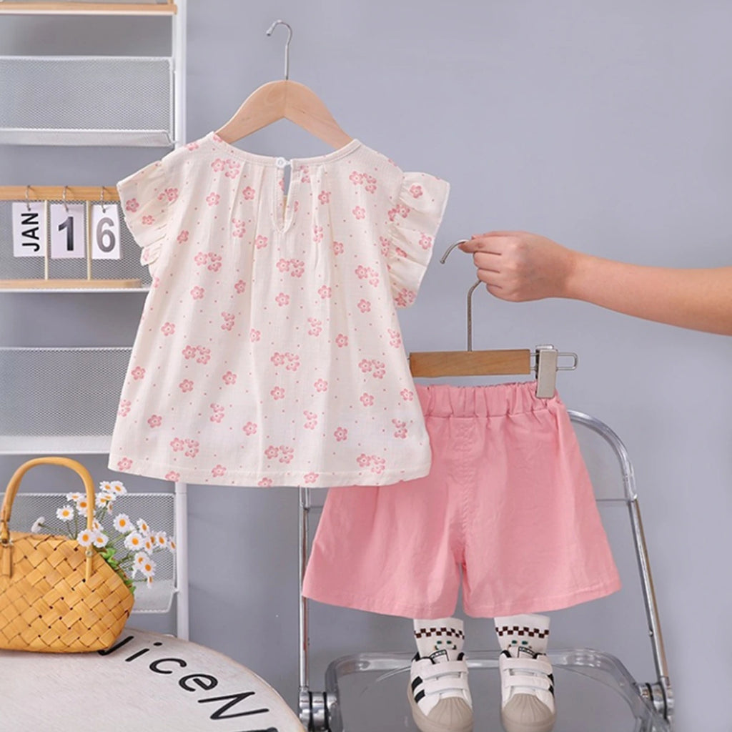 Girls Pink Floral Printed Round Neck Top With Elasticated Shorts Sets 2 pc. Sets