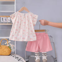 Girls Pink Floral Printed Round Neck Top With Elasticated Shorts Sets 2 pc. Sets