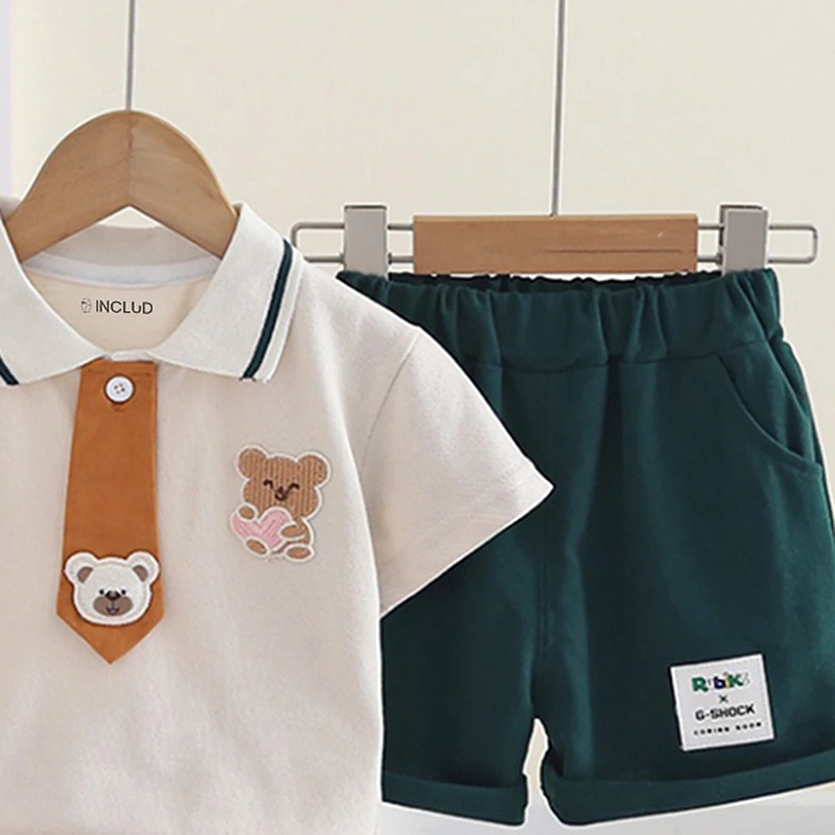 Boys Dark Green Bear Applique Polo T-Shirt With Elasticated Shorts Sets 2 pc. Sets