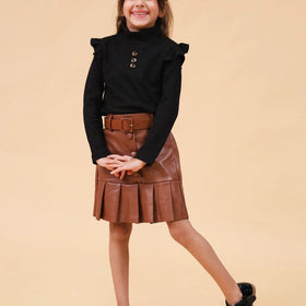Girls Brown High Neck Top With Faux Leather Skirt Set Sets