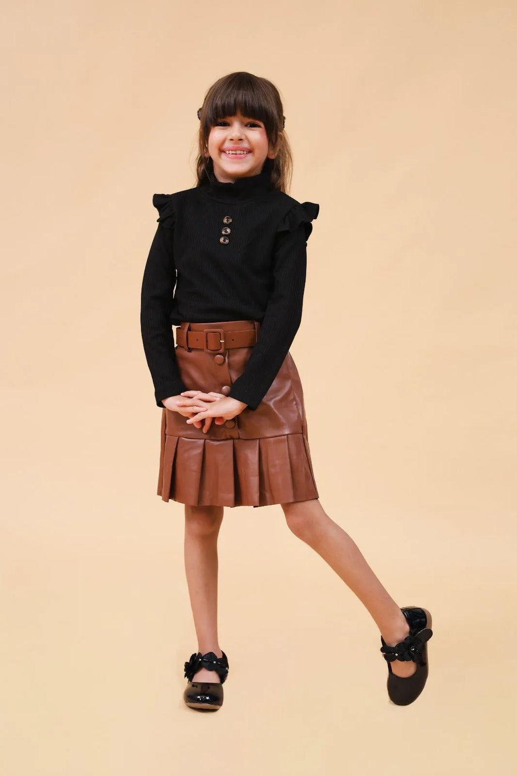 Girls Brown High Neck Top With Faux Leather Skirt Set Sets