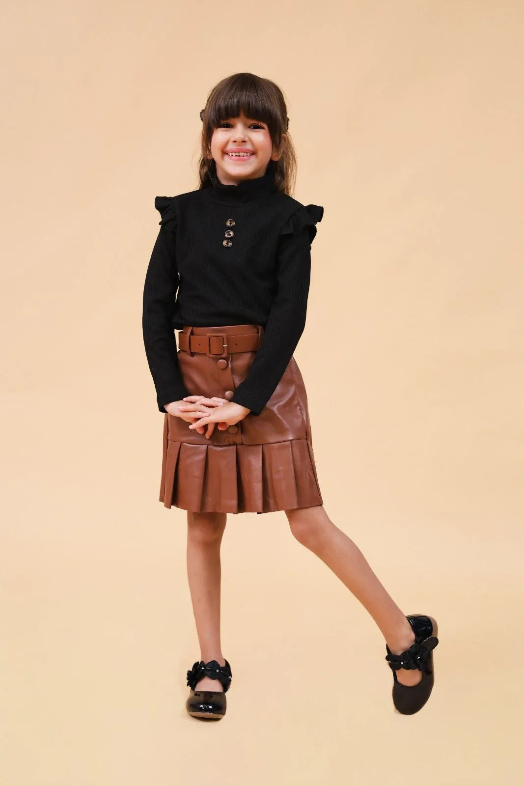 Girls Brown High Neck Top With Faux Leather Skirt Set Sets