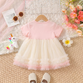 Girls Pink Bow Applique Short Sleeve Fit & Flare Dress Casual Dresses