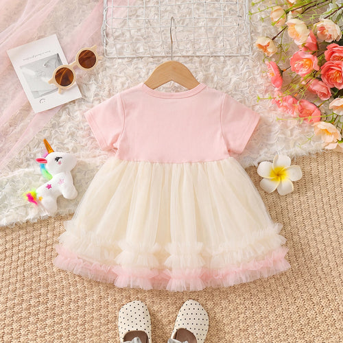 Girls Pink Bow Applique Short Sleeve Fit & Flare Dress Casual Dresses