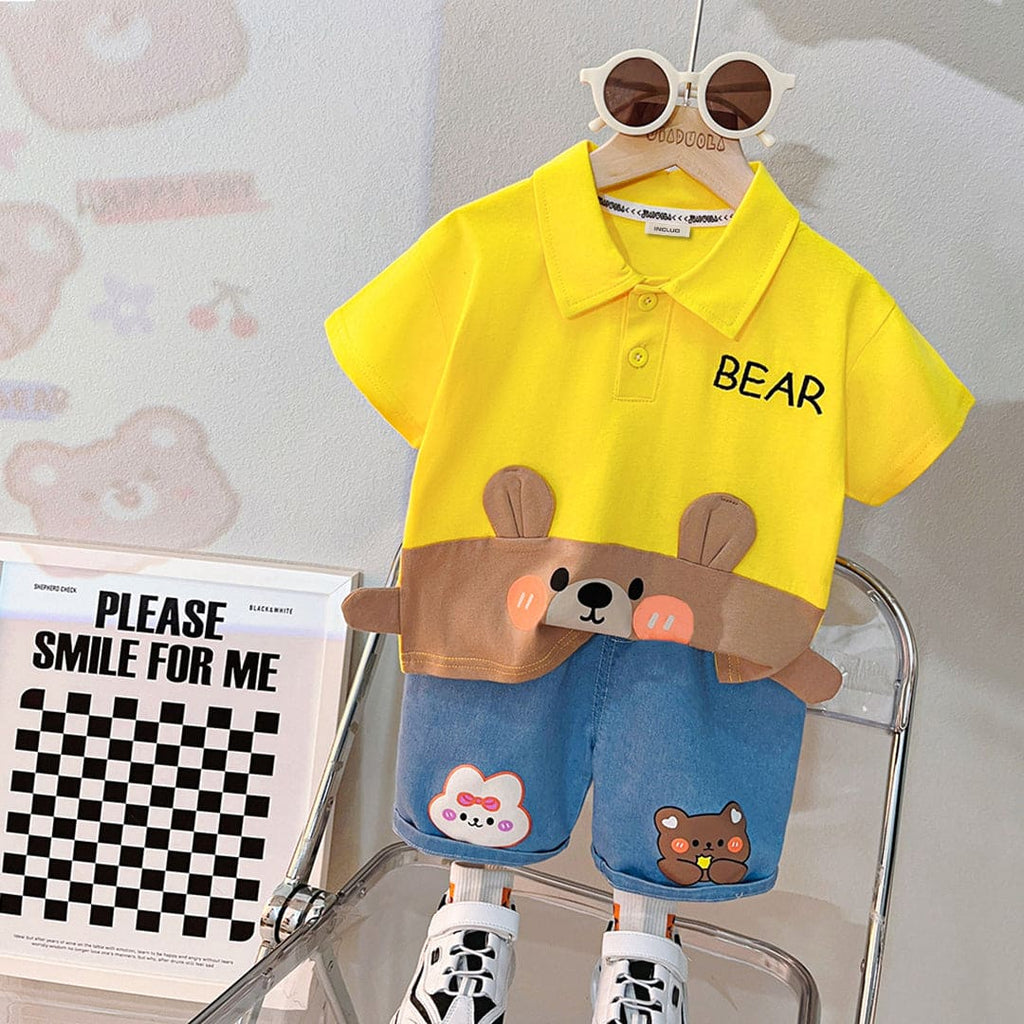 Boys Yellow Bear Embroidery Polo T-Shirt With Denim Shorts Sets Yellow 1-2 Y 