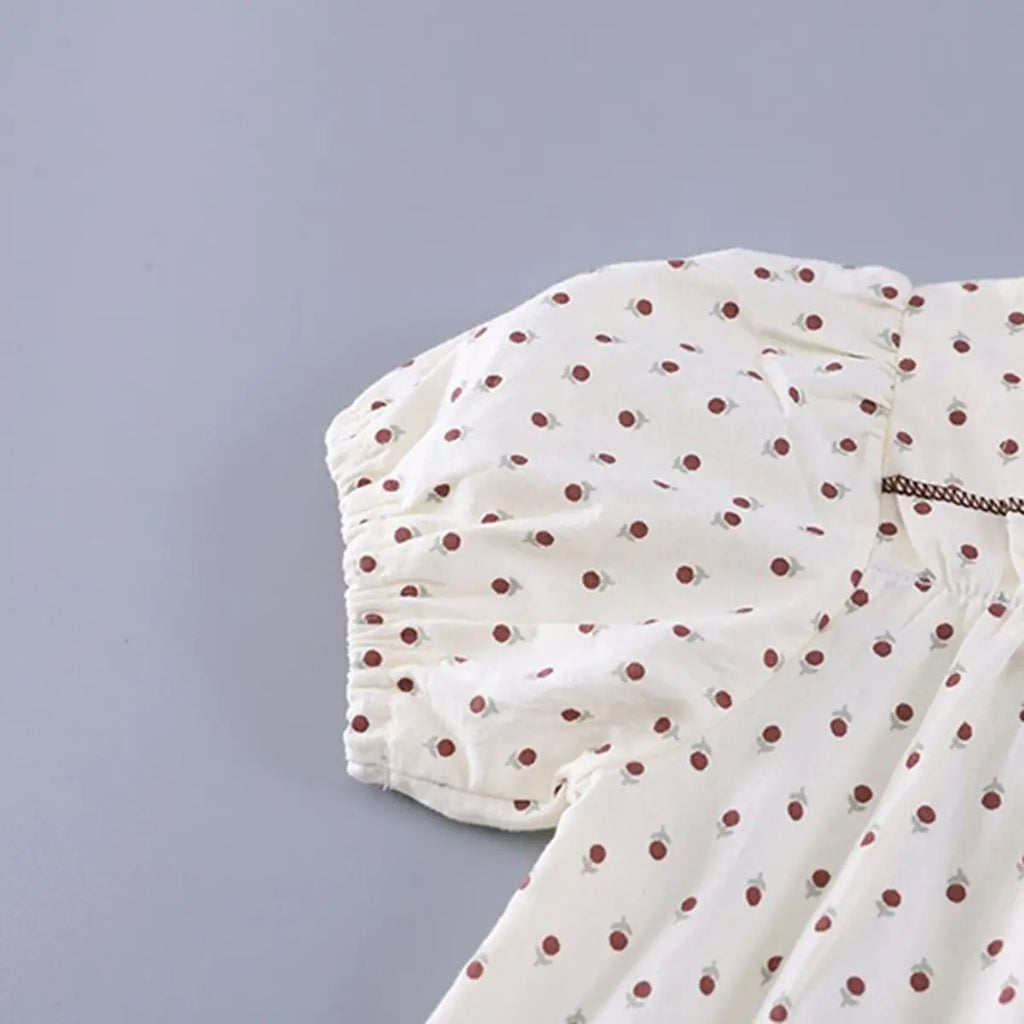 Girls White Polka Dot Printed Puff Sleeve Top With Denim Shorts Sets 2 pc. Sets