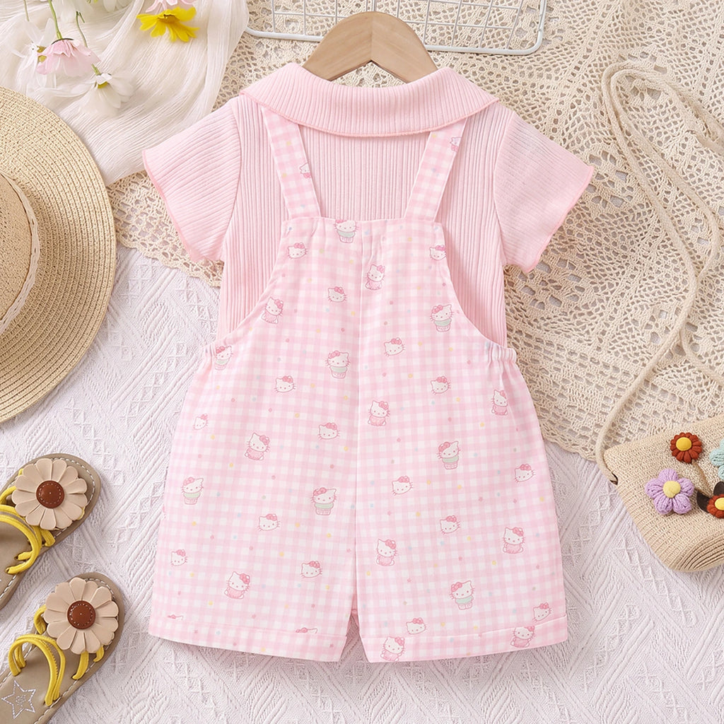 Girls Light Pink Checked Short Sleeve Top With Dungaree Sets 2 pc. Sets