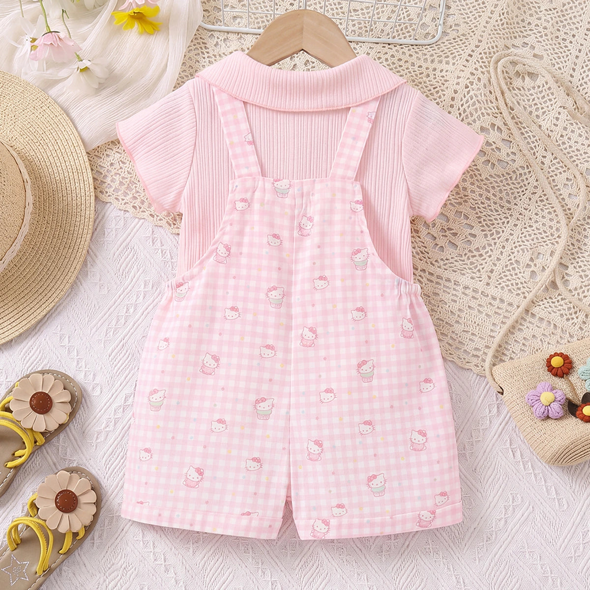 Girls Light Pink Checked Short Sleeve Top With Dungaree Sets 2 pc. Sets