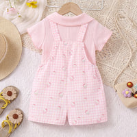 Girls Light Pink Checked Short Sleeve Top With Dungaree Sets 2 pc. Sets