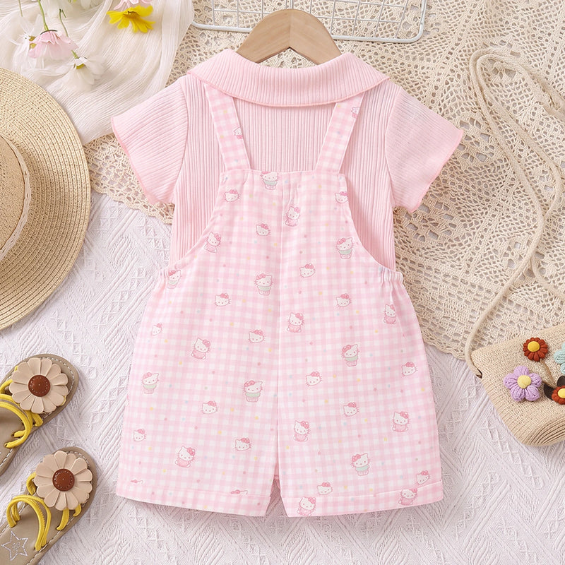 Girls Light Pink Checked Short Sleeve Top With Dungaree Sets 2 pc. Sets