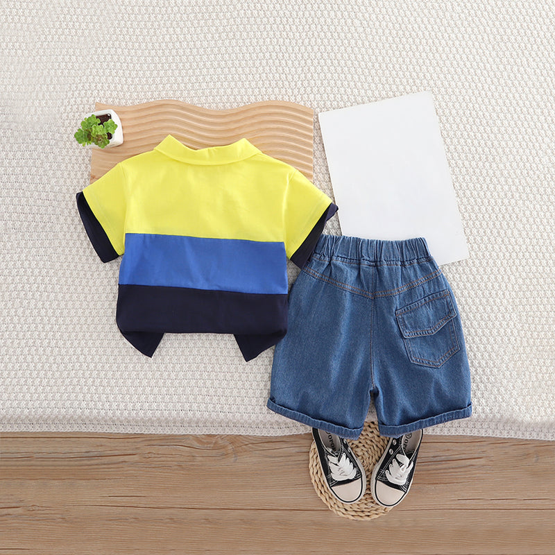 Boys Yellow Colo-blocked Polo T-Shirt With Denim Shorts Set 2 pc. Sets