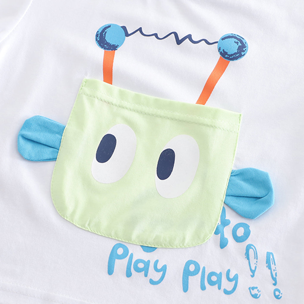 Boys White Graphic Patch Pocket Short Sleeves T-Shirt With Denim Pants Set 2 pc. Sets
