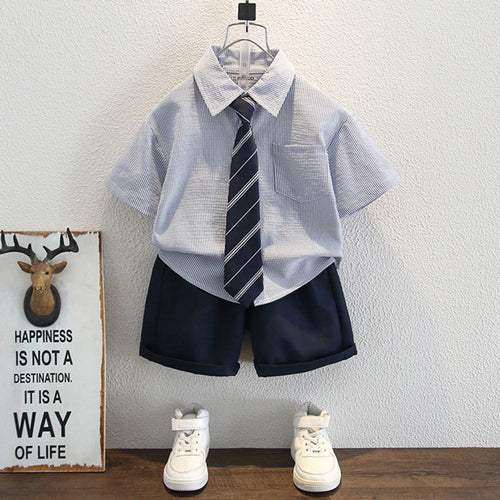 Boys Blue Stripes Button-up Shirt With Shorts Set Sets Blue 1-2 Y
