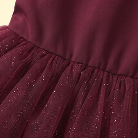 Girls Maroon Glitter Print Sleeveless Party Gown Party Dresses