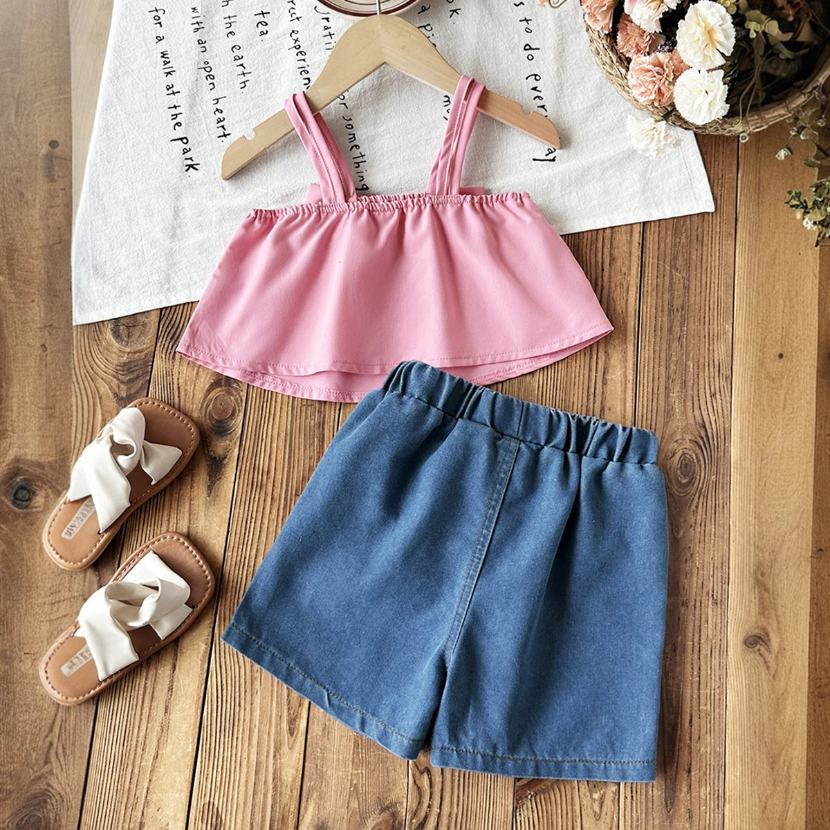 Girls Pink Bow Applique Sleeveless Top With Embroidered Denim Shorts Sets 2 pc. Sets