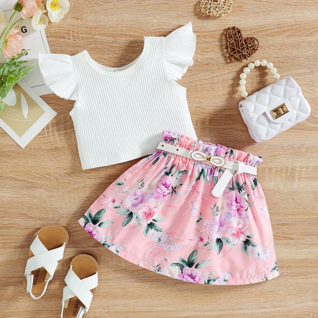 Girls Caps Sleeve Top With Floral Printed Skirt & Belt 3 pc. Sets White 1-2 Y 