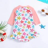Girls Pink Star Print Half Zipper Swimwear Bodysuit Beachwear