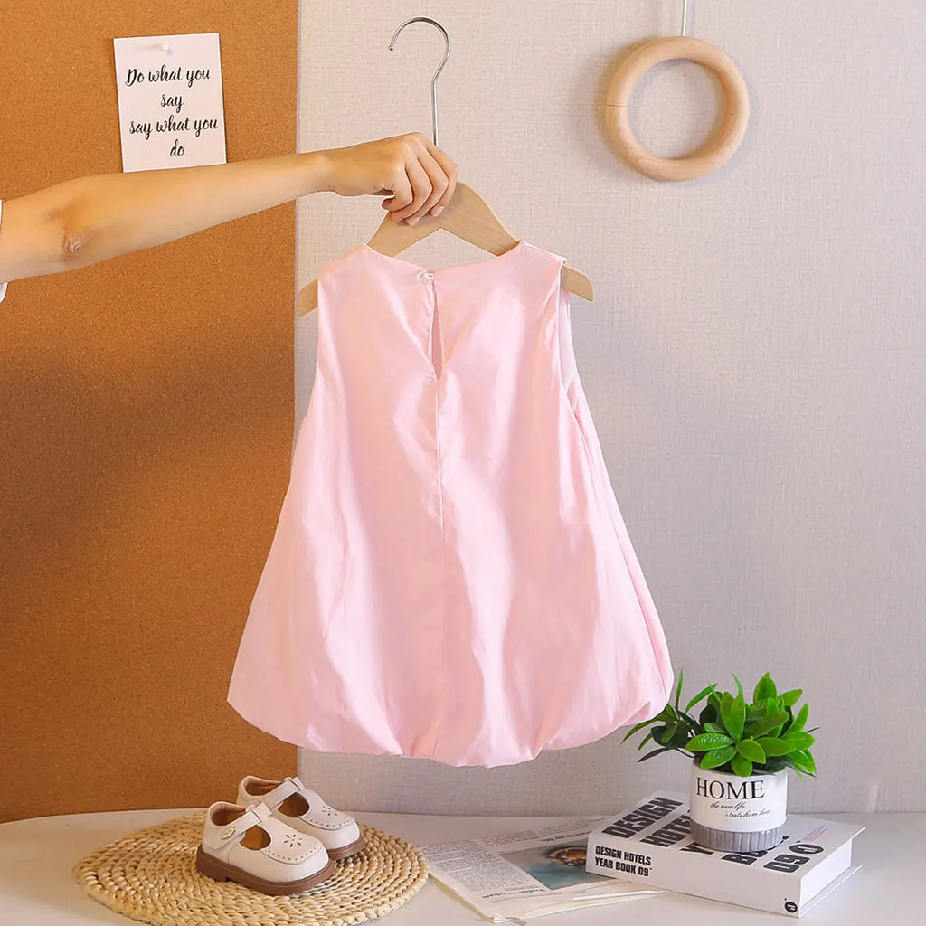 Girls Light Pink Cherry Applique Sleeveless Balloon Dress Casual Dresses