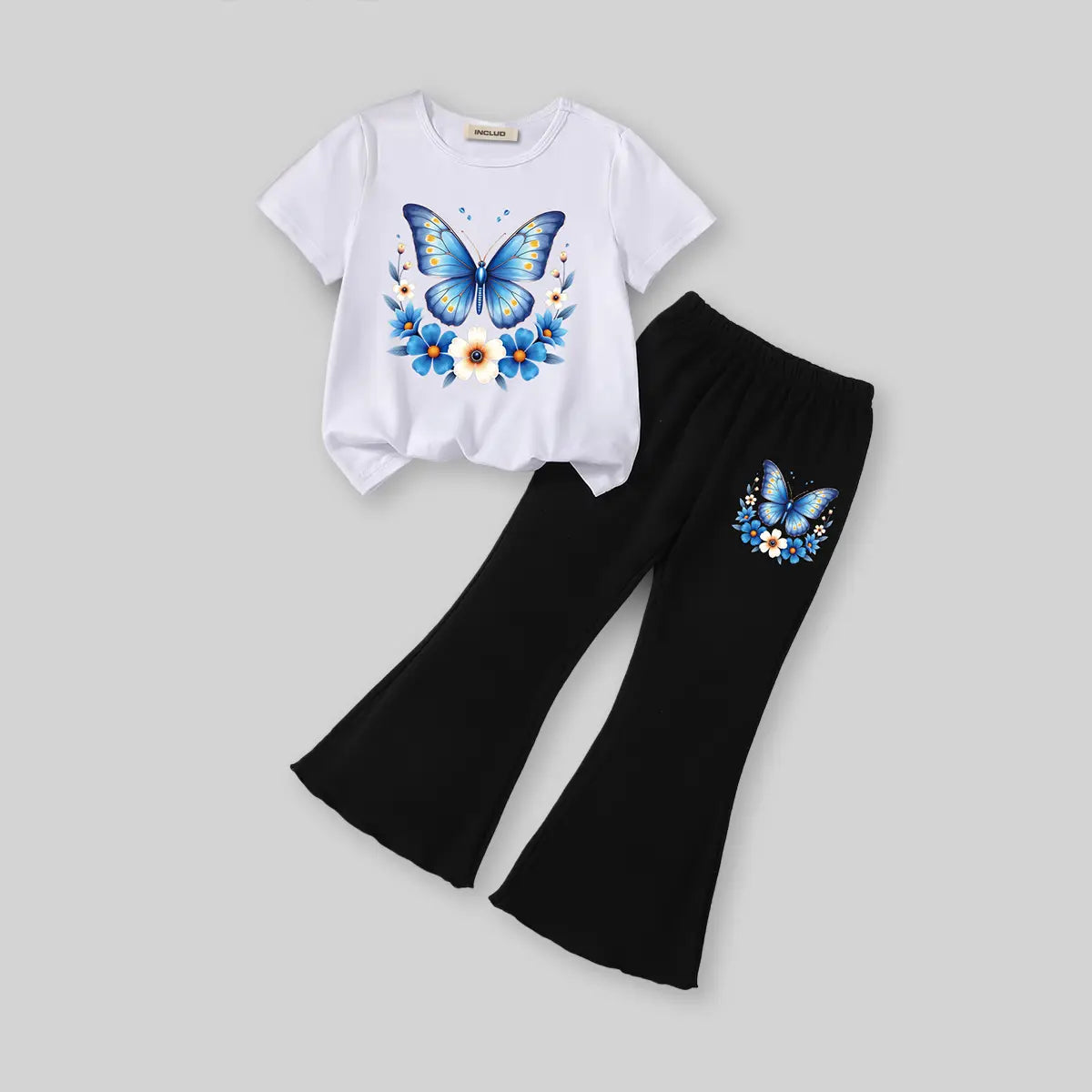 Girls White Butterfly Printed T-Shirt With Flared Pants Sets Sets