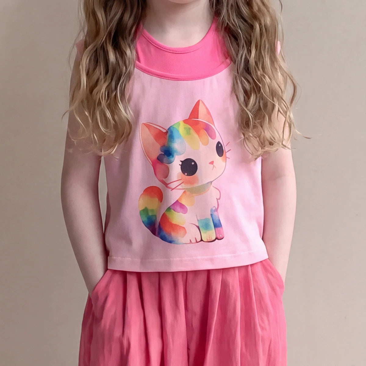 Girls Pink Cat Graphic Sleeveless Top With Elasticated Pants Sets 2 pc. Sets