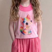 Girls Pink Cat Graphic Sleeveless Top With Elasticated Pants Sets 2 pc. Sets