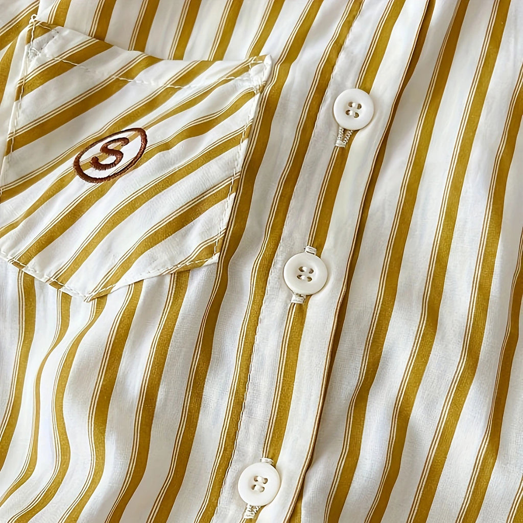 Girls Beige Stripes Short Sleeves Shirt With Skorts Set Sets