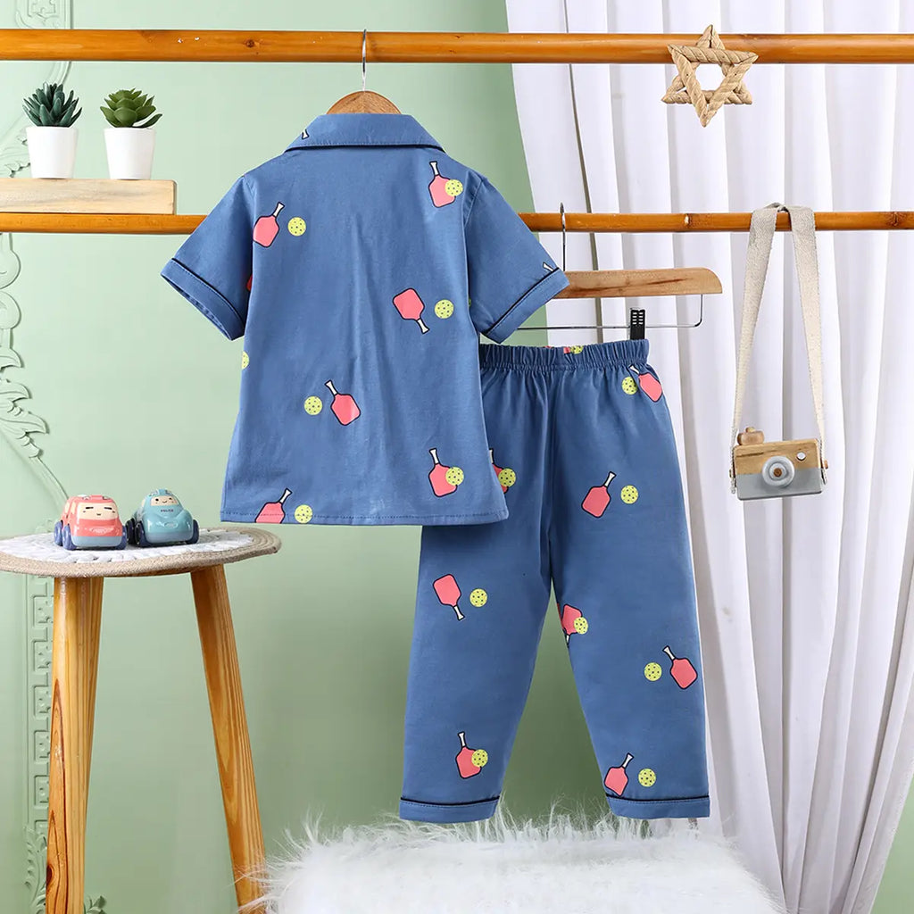 Girls Blue Printed Short Sleeve Shirt With Printed Pyjama Sets Sets