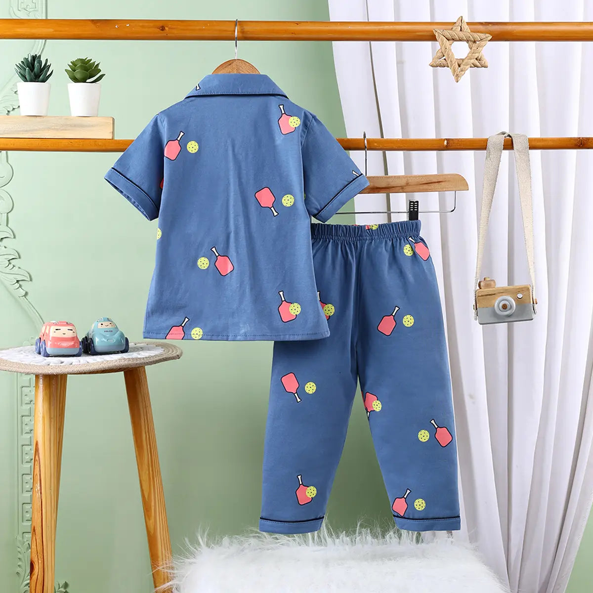 Girls Blue Printed Short Sleeve Shirt With Printed Pyjama Sets Sets