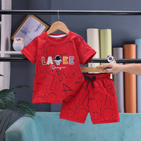 Boys Red Astronaut Graphic Short Sleeve T-shirt With Drawstring Shorts And Bag Sets Sets
