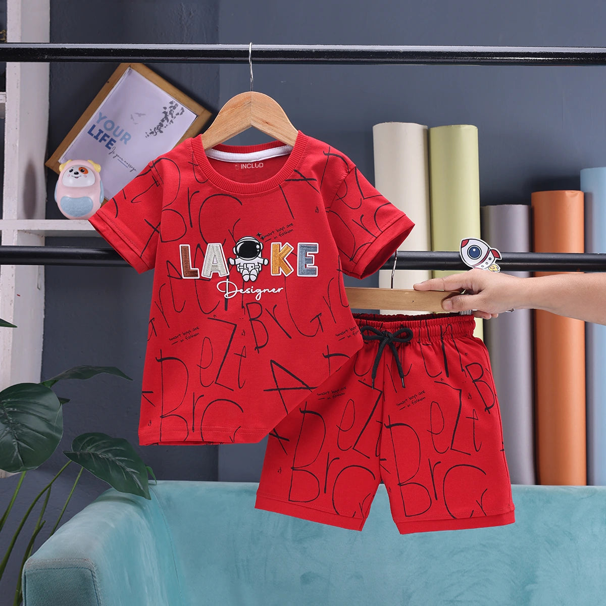 Boys Red Astronaut Graphic Short Sleeve T-shirt With Drawstring Shorts And Bag Sets Sets